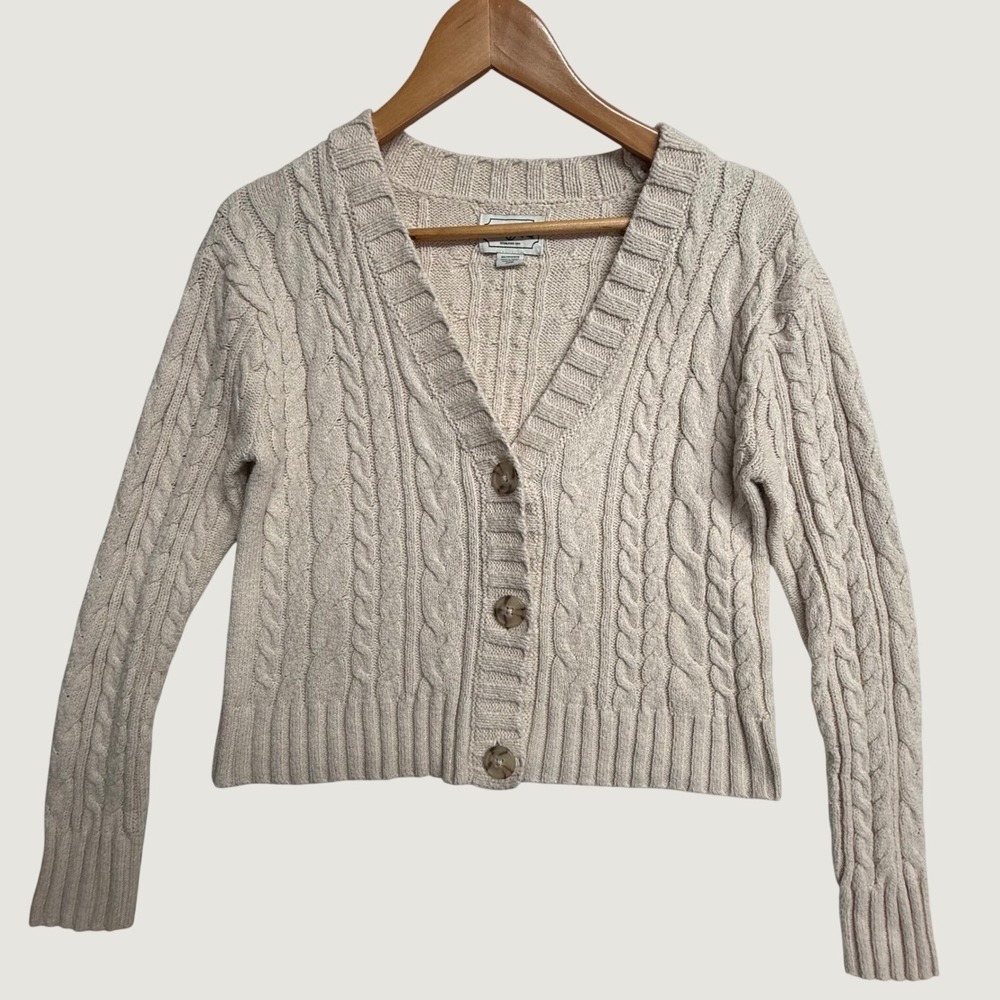 American Eagle Womens XS Cable Knit Cardigan Cream Cropped Button Sweater